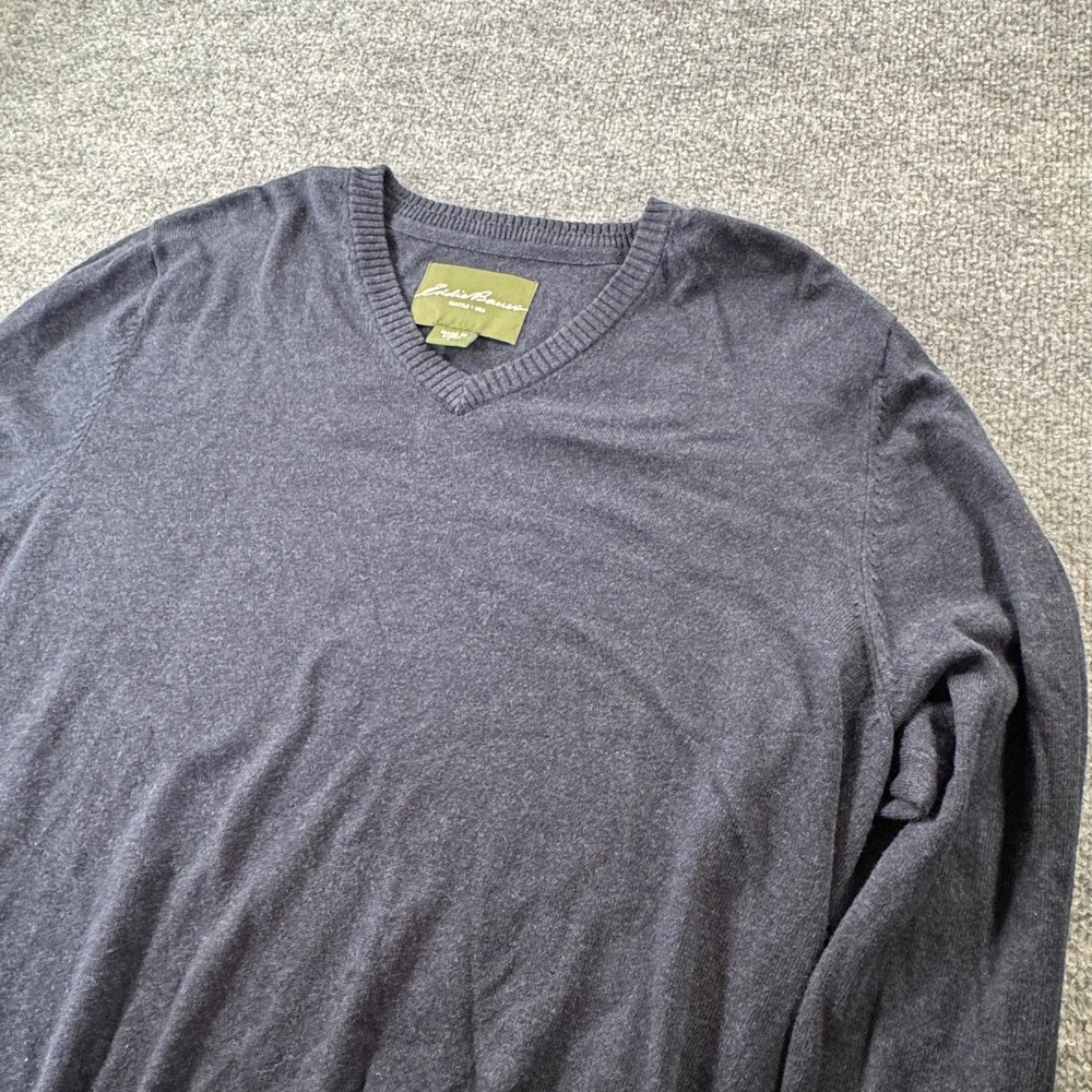 Eddie Bauer Cotton Cashmere V Neck Sweater L Navy Blue Officewear Dad Preppy USA